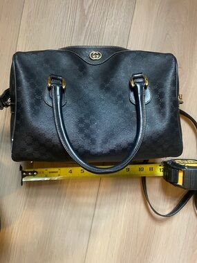 Gucci Black GG Monogram Bowling Satchel with Gold Accents